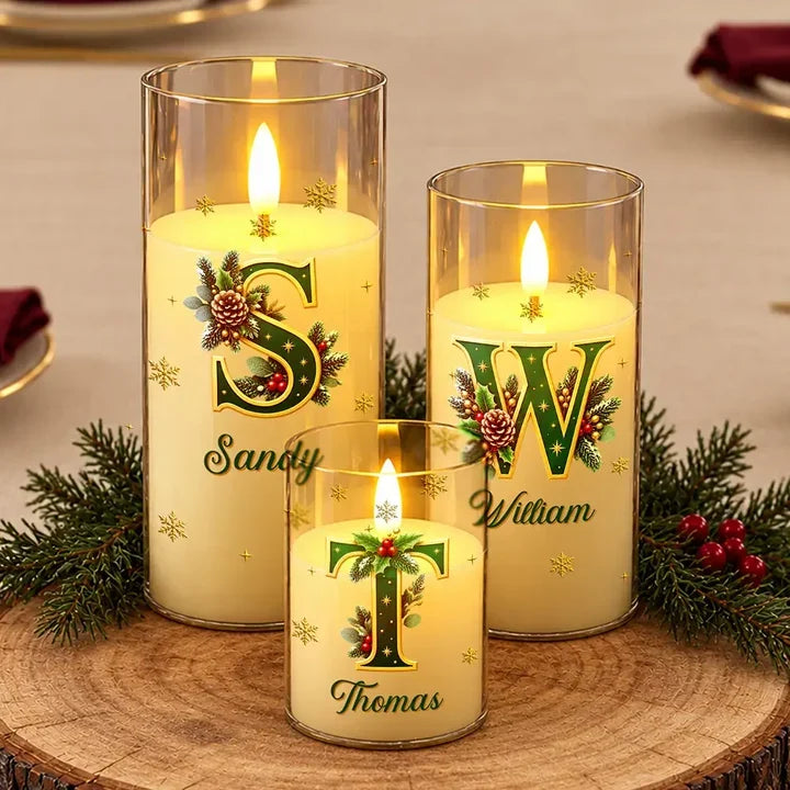 Personalized LED Candle Light, Warm Gold Holly Design, Unique Christmas Gift for Family