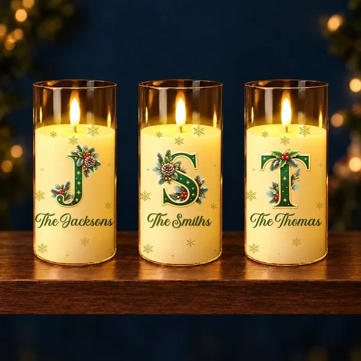 Personalized LED Candle Light, Warm Gold Holly Design, Unique Christmas Gift for Family