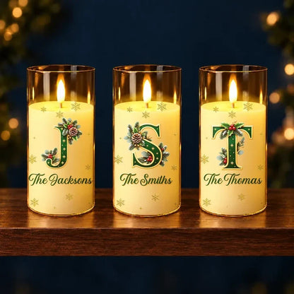 Personalized LED Candle Light, Warm Gold Holly Design, Unique Christmas Gift for Family