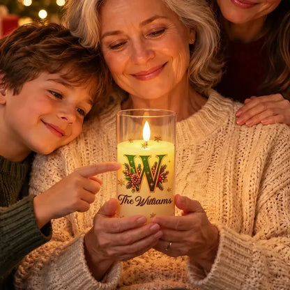 Personalized LED Candle Light, Warm Gold Holly Design, Unique Christmas Gift for Family