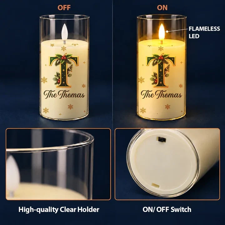 Personalized LED Candle Light, Warm Gold Holly Design, Unique Christmas Gift for Family