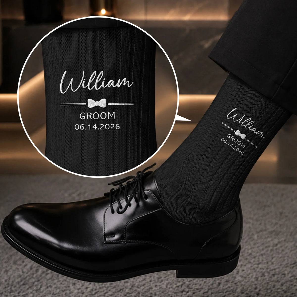 Personalized Embroidered Combed Cotton Socks, Unique Wedding Gift for Groomsmen with Bow Tie Detail