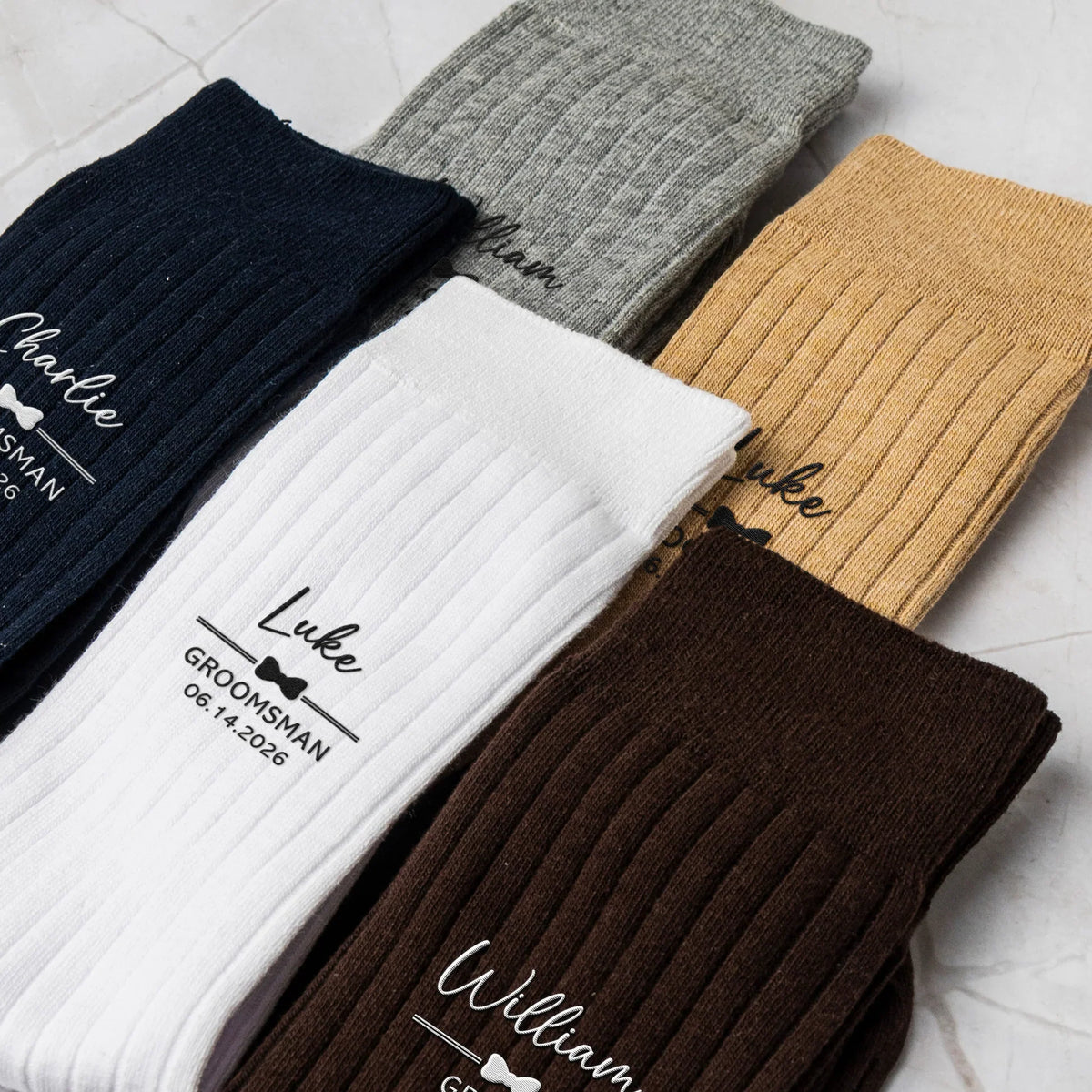Personalized Embroidered Combed Cotton Socks, Unique Wedding Gift for Groomsmen with Bow Tie Detail