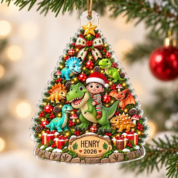Personalized Acrylic Ornament, Kid Riding a Dinosaur by a Christmas Tree, Unique Gift for Dinosaur Lovers
