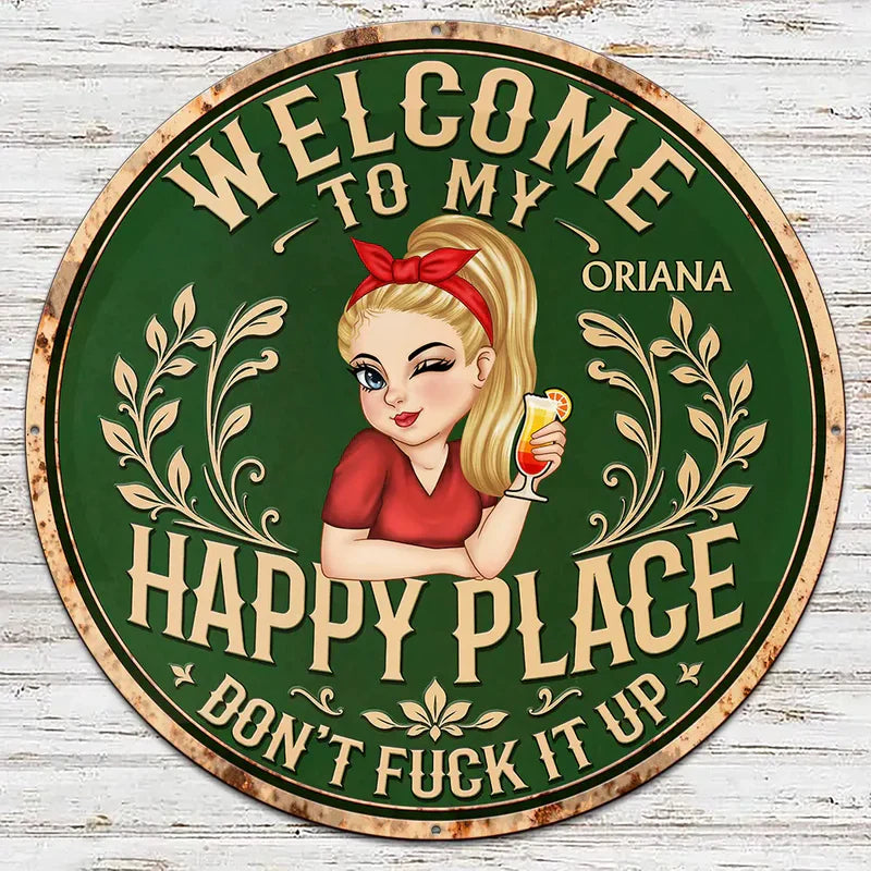 Personalized Shaped Metal Sign, Welcome to My Happy Place, Vintage Garden Decor, Unique Gift for Her