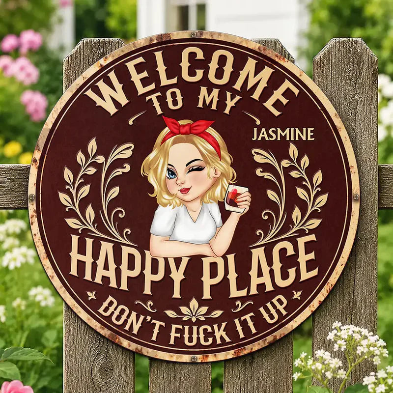 Personalized Shaped Metal Sign, Welcome to My Happy Place, Vintage Garden Decor, Unique Gift for Her