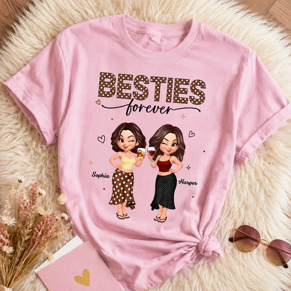 Personalized Besties Forever Classic Tee, Polka Dot Friends Holding Drinks, Unique Gift for Close Friend