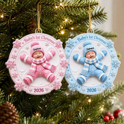 Personalized Acrylic Ornament, Smiling Baby Snow Angel in Pink, Unique Christmas Gift for New Parents