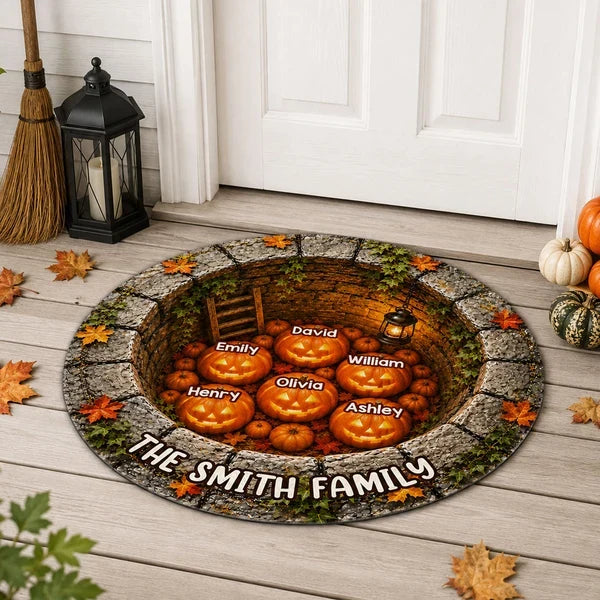Personalized Shaped Doormat with Glowing Pumpkin Family, Gothic Halloween Decor, Unique Gift for Families
