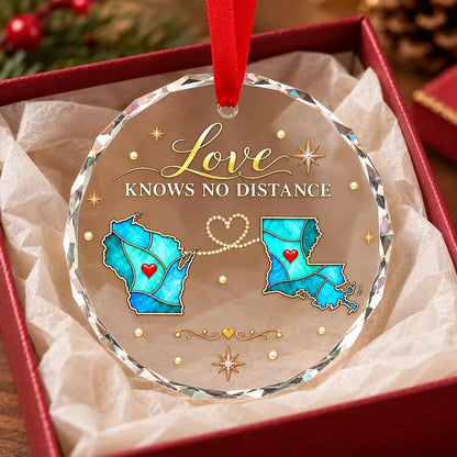 Personalized Crystal Ornament with Blue State Maps, Unique Christmas Tree Gift for Faraway Family & Friends