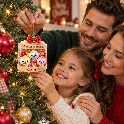 Personalized Acrylic Ornament, Cute Pastel Dumpling Family in Festive Candy Display, Unique Christmas Gift for Family