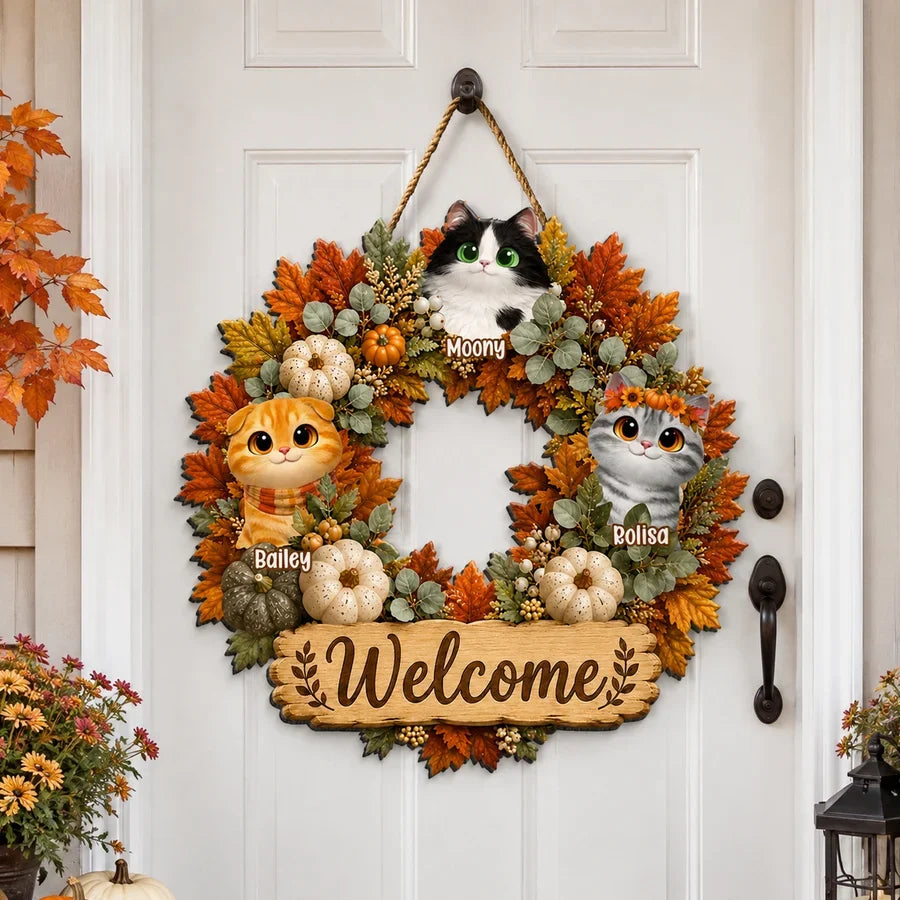 Welcome Home Personalized Wooden Sign, Cute Autumn Cat Wreath Decor, Creative Gift for Pet Owners