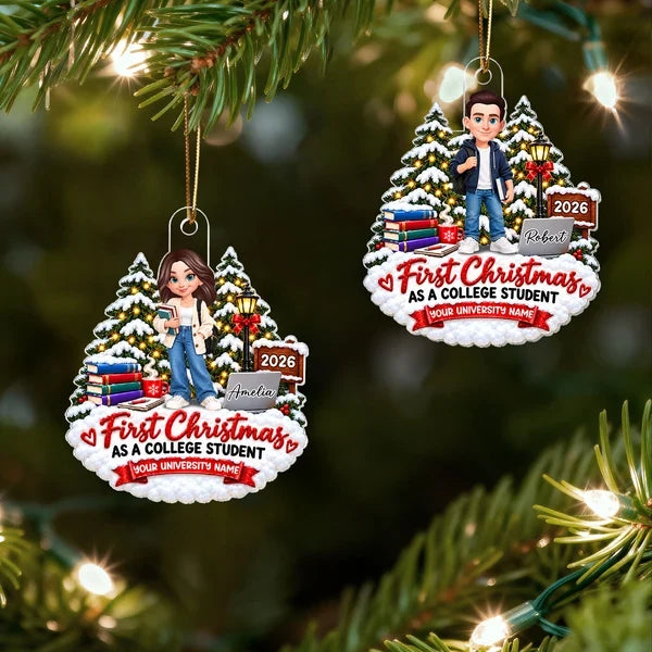 Personalized Acrylic Ornament, College Student Holding Books in a Snowy Christmas Scene, Unique Gift for Daughter
