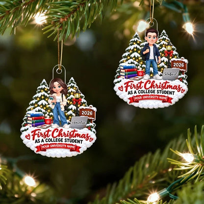 Personalized Acrylic Ornament, College Student Holding Books in a Snowy Christmas Scene, Unique Gift for Daughter