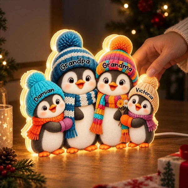 Personalized Acrylic Light Box, Cute Penguin Family in a Cozy Christmas Room, Unique Gift for Grandparents