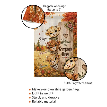 Personalized Highland Cow Garden Flag, Cows Peeking by a Rustic Sign, Unique Autumn Gift for Grandparents