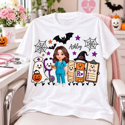 Classic Tee with Personalized Halloween Nurse Holding Coffee, Playful Medical Art, Creative Gift for a Nurse