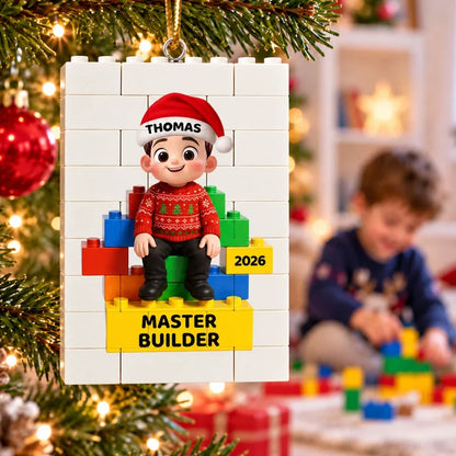 Personalized Building Block Ornament, Sitting Child Master Builder Design, Unique Christmas Gift for Kids