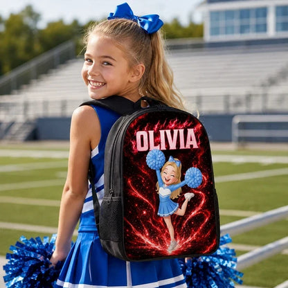 Kids School Backpack, Personalized Red Cheerleader Jumping in a Blue Cosmic Classroom, Creative Back to School Gift for Girls
