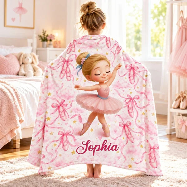 Personalized Fleece Blanket with Dancing Ballerina, Pink Watercolor Keepsake, Unique, Creative Gift for Daughter