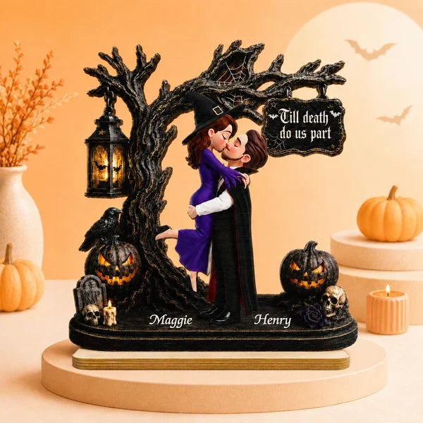 Personalized 2-Layer Wooden Plaque, Spooky Couple Hugging Under Halloween Tree, Unique Gift for Couples