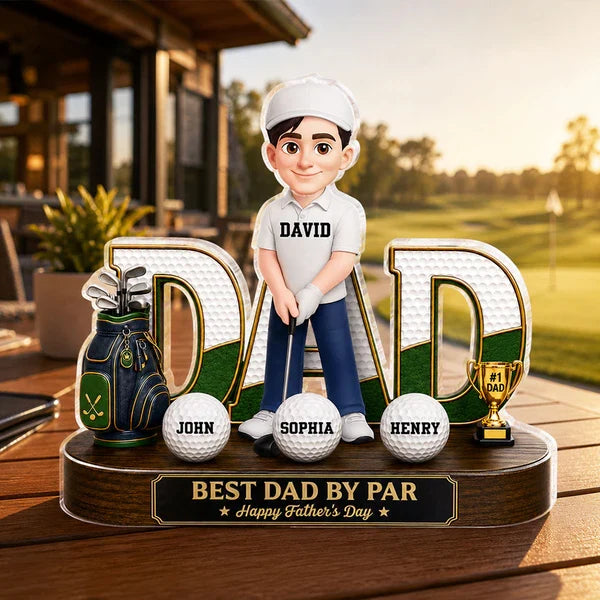 Personalized Golf Dad Plaque with Cartoon Golfer on Sunlit Course, Creative Gift for Husband & Golf Lovers