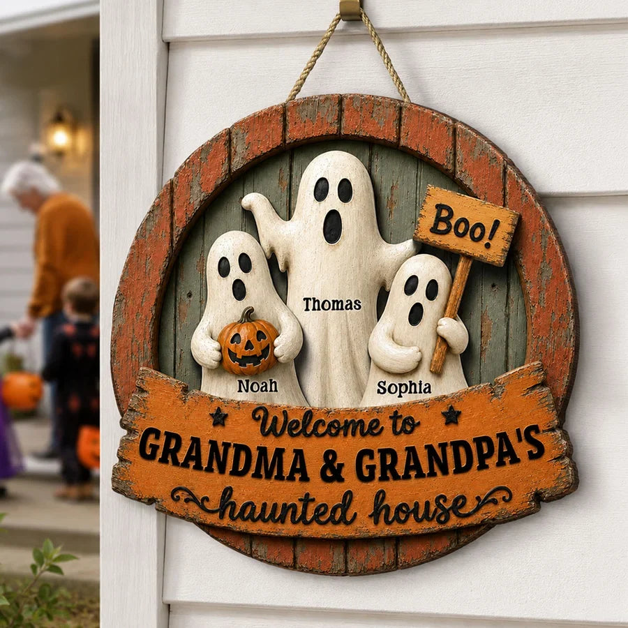 Grandma & Grandpa's Haunted House Wooden Sign, Personalized Ghosts With Pumpkin, Creative Halloween Gift