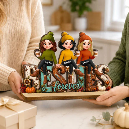 Unique Personalized 2-Layer Wooden Plaque, Cozy Fall Besties Forever Gift for Friends Holding Coffee