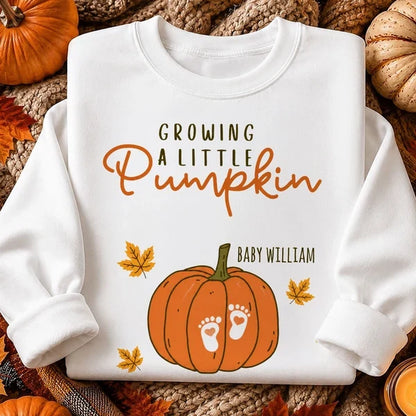 Personalized Classic Tee, Pumpkin and Baby Footprints Fall Design, Unique Gift for Mom-to-Be
