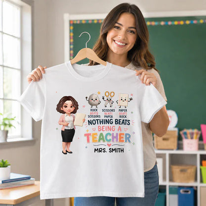 Personalized Classic Tee with Standing Teacher & Rock Paper Scissors Art, Unique Gift for Teachers
