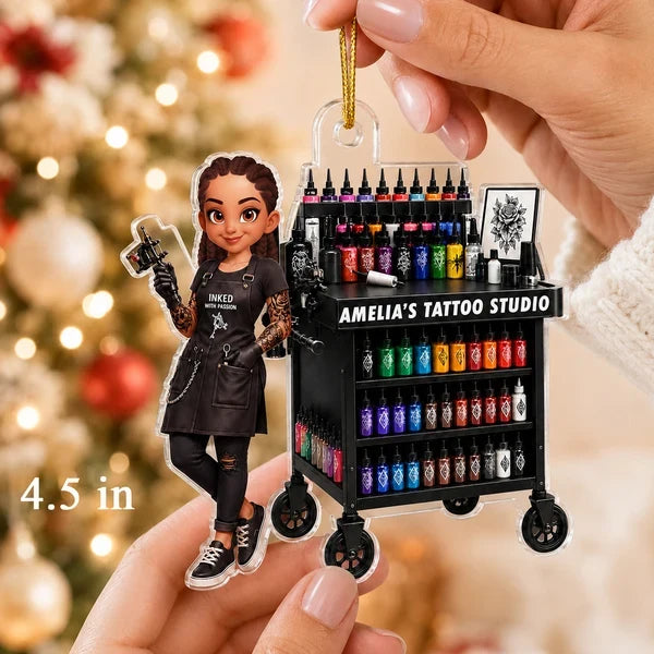 Personalized Acrylic Ornament, Tattoo Artist Holding Machine by Ink Cart on Christmas Tree, Unique Gift for Her