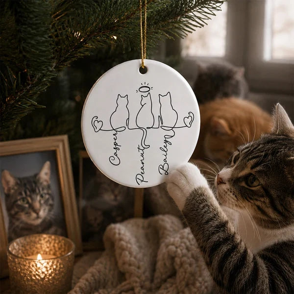 Personalized Ceramic Ornament with Halo Cat Silhouettes, Unique Pet Memorial Gift for Cat Owners