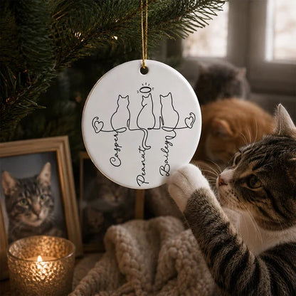 Personalized Ceramic Ornament with Halo Cat Silhouettes, Unique Pet Memorial Gift for Cat Owners