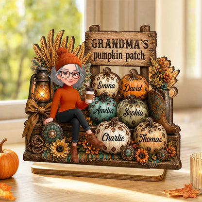 Personalized 2-Layer Wooden Plaque, Grandma Holding Coffee in Pumpkin Patch, Unique Gift for Grandma