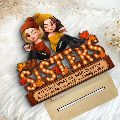 Personalized 2-Layer Wooden Plaque, Fall Besties Cartoon Coffee Scene, Unique Gift for Sister or Friend