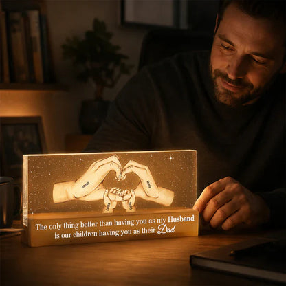 Personalized Block LED Light Plaque for Dad, Family Hands Warm Night Light, Unique Father's Day Gift