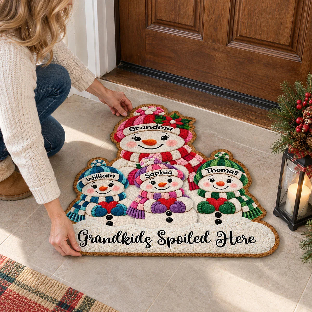 Personalized Shaped Doormat, Grandma and Grandkids Snowmen Christmas Decor, Unique Gift for Grandma