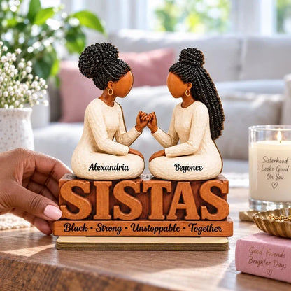 Personalized Wooden Plaque with Sister Figures Making a Pinky Promise, Unique Gift for Sisters and Friends