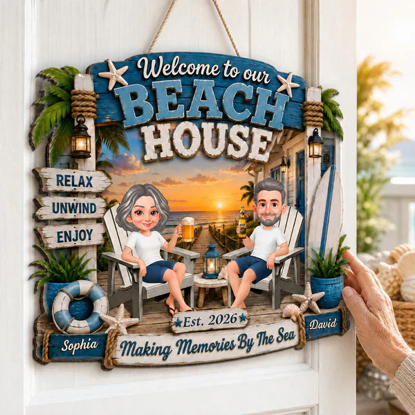 Personalized Wooden Sign, Sitting Couple Beach Sunset, Welcome to Our Beach House Unique Gift For Couple