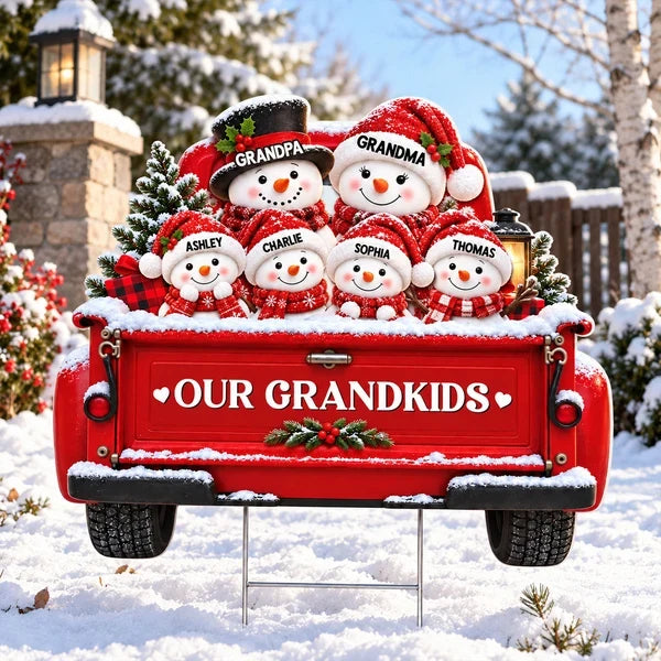Personalized Shaped Yard Sign, Snowman Family Riding a Red Truck, Unique Christmas Gift for Grandparents