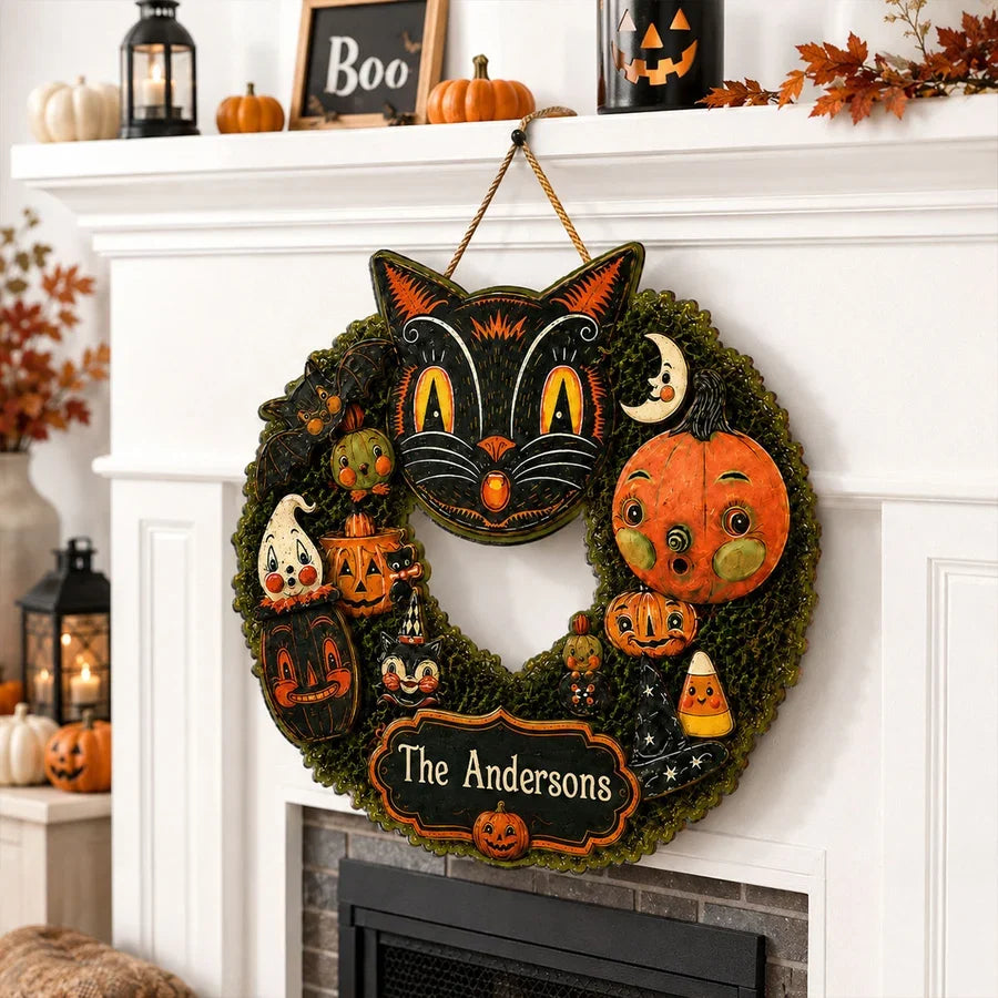 Personalized Wooden Sign, Whimsical Black Cat Halloween Keepsake, Creative Gift for Cat Lovers