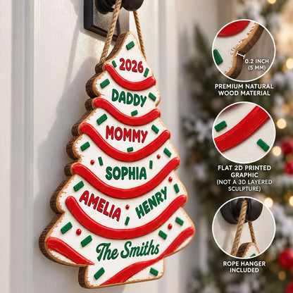 Personalized Family Christmas Tree Cake Wooden Sign, Custom Front Door Decor, Creative Gift for Families