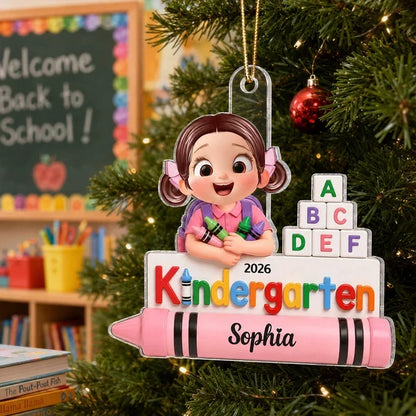 Personalized Acrylic Ornament, Colorful Kindergarten Child Holding Crayons, Unique Back to School Gift for Kids