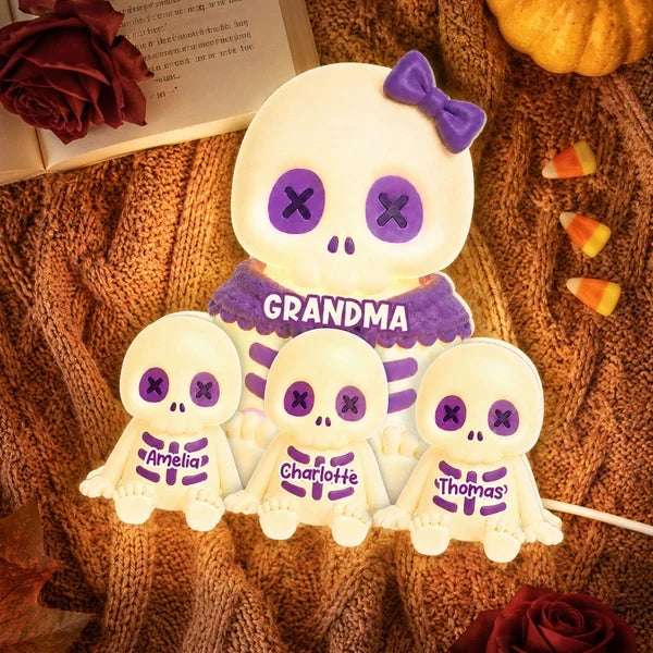 Personalized Acrylic Light Box, Cute Skeleton Grandma & Grandkids Halloween Decor, Unique Gift