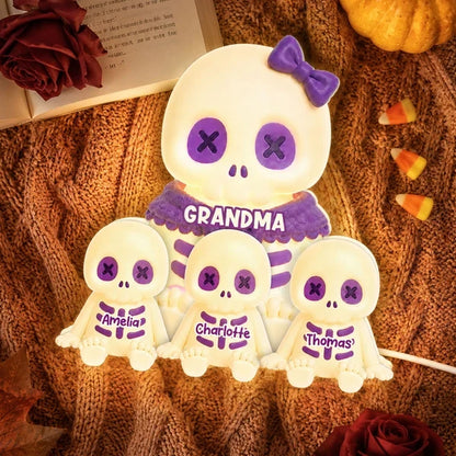 Personalized Acrylic Light Box, Cute Skeleton Grandma & Grandkids Halloween Decor, Unique Gift