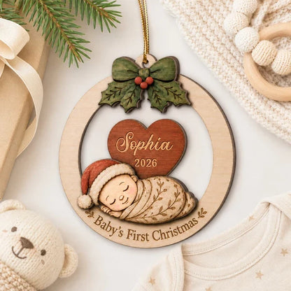 Personalized 2-Layer Wooden Ornament, Sleeping Baby's First Christmas Keepsake, Unique Gift for New Parents