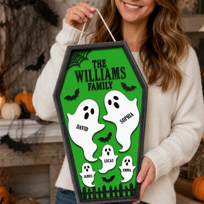 Personalized Ghost Family Wooden Sign, Purple Coffin Halloween Decor, Unique Gift for Family