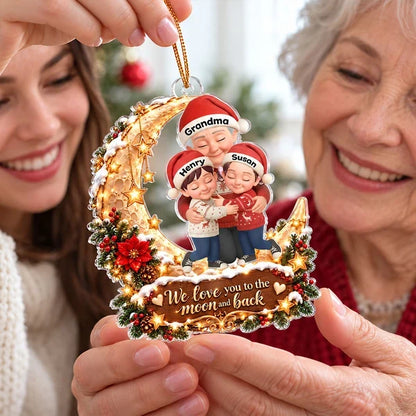 Personalized Acrylic Ornament, Grandma and Grandkids Hugging on a Red and Gold Moon, Unique Christmas Gift