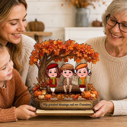 Personalized Wooden Plaque, Grandkids Sitting Under an Autumn Tree, Unique Gift for Grandma