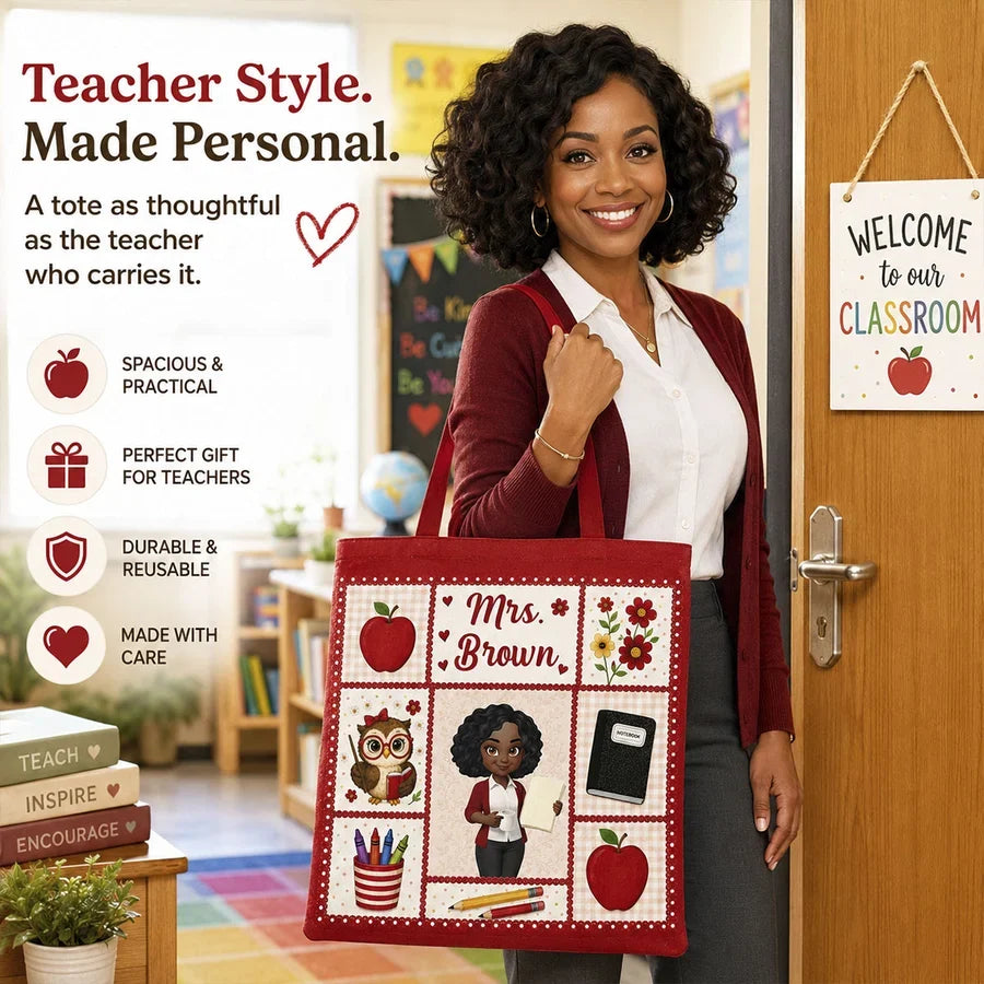 Personalized Teacher Tote Bag With Apple Classroom Art, Unique Gift For Teacher